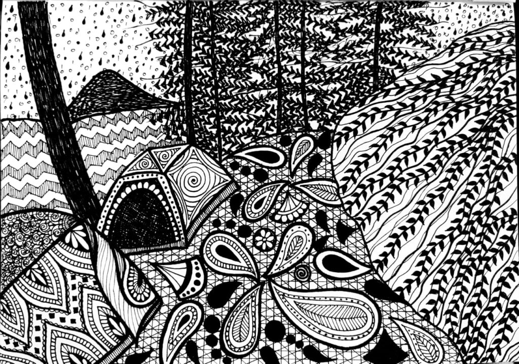 Sketch of camp ground and tents in storm by Adrita