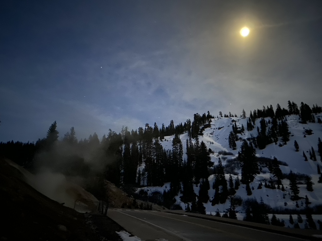 Moonlit winter night at steamy Lassen Volcanic National Park