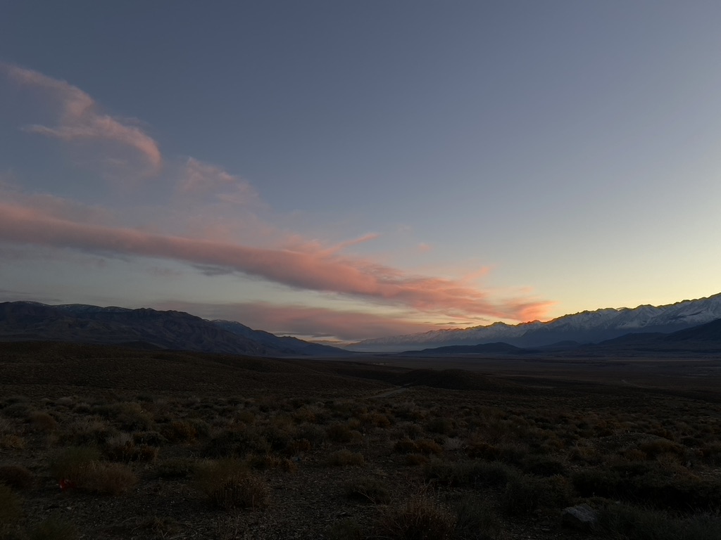 Winter evening at Owens Valley California, a vista from the road trip through California